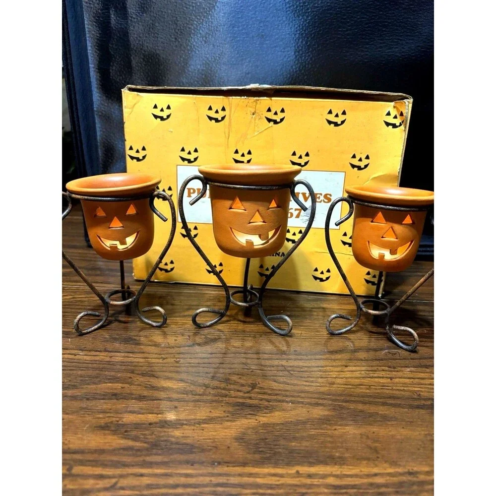 Vintage Terra-Cotta Jack-O'-Lantern Votive Candle Holders Set Of 3, Metal Stands